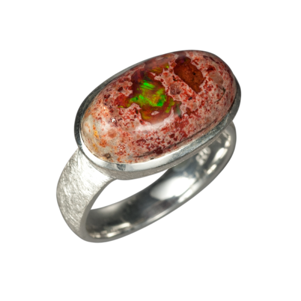 Oval Mexikanisches Feuer Opal Ewigkeit mit Klarem Cz Kristall Silberring