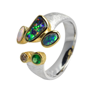 Silberring_Edelopal,_Boulder Opal_Tsavorit _Diamant, 925er Silber_teilvergoldet_Kombischmuck_Größe56_21081140 