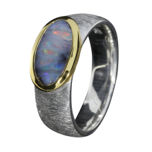 Opalring mit tiefblauem Boulder Opal, 925er Silber, teilvergoldet, Ringgröße 53