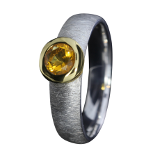 Ring mit sonnengelbem Feueropal, 925er Silber, teilvergoldet, Ringgröße 53