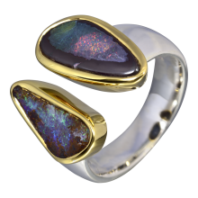 Herrlicher Kombi Ring mit Boulder Opalen, 925er Silber, teilvergoldet, Ringgröße 60