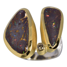 Eleganter Kombi Ring mit Boulder Opalen und Diamant 925er Silber, teilvergoldet, Ringgröße 57