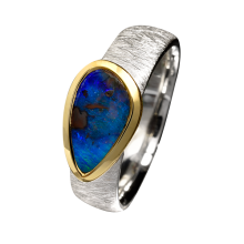 Ansprechender Ring mit türkis leuchtendem Boulder Opal, 925er Silber, teilvergoldet, Ringgröße 53