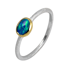 Filigraner Ring mit Langunenblauem Edelopal, 925er Silber, teilvergoldet, Ringgröße 55