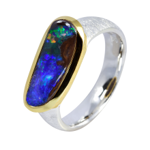 Grandioser Ring mit braun-blau-grünem Boulderopal, 925er Silber, teilvergoldet, Ringgröße 53