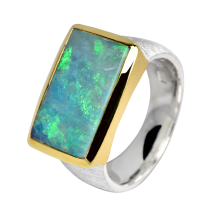 Auffallender Ring mit grün-türkis funkelndem Edelopal, 925er Silber, teilvergoldet, Ringgröße 58