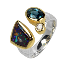 Origineller Kombi-Ring mit Boulder Opal und Indigolith-Turmalin, 925er Silber, teilvergoldet, Ringgröße 57