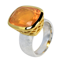 Strahlend schöner Ring mit viereckigem Feueropal, 925er Silber, teilvergoldet, Ring Größe 58