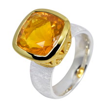 Leuchtend schöner Ring mit viereckigem Feueropal, 925er Silber, teilvergoldet, Ring Größe 56
