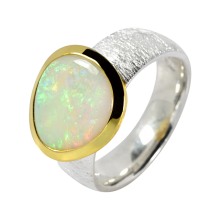 Schillernder Ring mit weißem Edelopal, 925er Silber, teilvergoldet, Ringgröße 55
