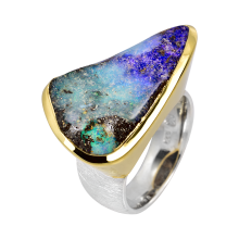 Extravaganter Ring mit faszinierendem Boulder Opal, 925er Silber, teilvergoldet, Ringgröße 58