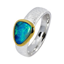 Lagunenblauer Ring mit türkis schimmerndem Edelopal, 925er Silber, teilvergoldet, Ringgröße 54