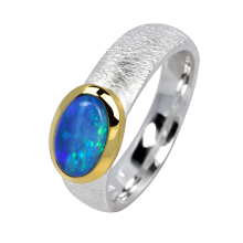 Himmlischer Ring mit vielfarbig schimmerndem Edelopal, 925er Silber, teilvergoldet, Ringgröße 53