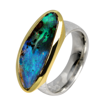 Extravaganter Ring mit türkis-blau-grünem Boulderopal, 925er Silber, teilvergoldet, Ringgröße 61