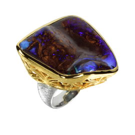Bewundernswerter Ring mit majestätischem Boulder Opal, 925er Silber, teilvergoldet, Ringgröße 60