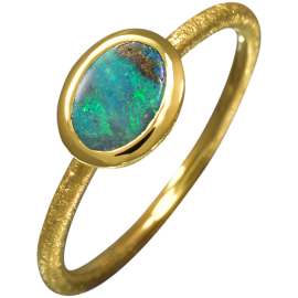 Zierlicher Ring mit glitzerndem, bläulichem Boulder Opal, 750er Gold (2,1g), Ring Größe 53