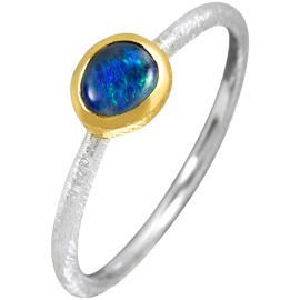 Zierlicher Ring mit ovalem Schwarzopal, 925er Silber, teilvergoldet, Ring Größe 56