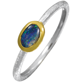Filigraner Ring mit ovalem Schwarzopal, 925er Silber, teilvergoldet, Ring Größe 54