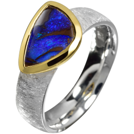 Ansprechender Ring mit lila und türkis leuchtendem Boulder Opal, 925er Silber, teilvergoldet, Ringgröße 56