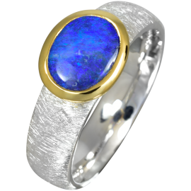 Faszinierender Ring mit leuchtendem Boulder Opal, 925er Silber, teilvergoldet, Ringgröße 55