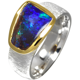 Faszinierender Ring mit leuchtendem Boulder Opal, 925er Silber, teilvergoldet, Ringgröße 54
