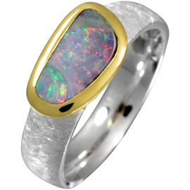 Eleganter Ring mit leuchtendem Boulder Opal, 925er Silber, teilvergoldet, Ringgröße 56