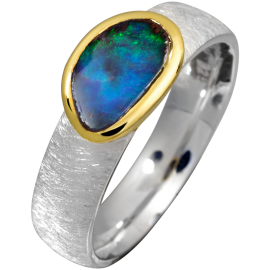 Fabelhafter Ring mit leuchtendem Boulder Opal, 925er Silber, teilvergoldet, Ringgröße 55