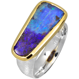 Außergewöhnlicher Ring mit faszinierendem Boulder Opal, 925er Silber, teilvergoldet, Ringgröße 59