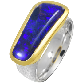 Fantastischer Ring mit begehrenswertem Schwarzopal, 925er Silber, teilvergoldet, Ring Größe 57