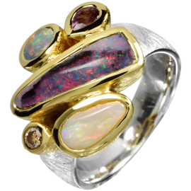 Bildschöner Ring mit begehrenswerten Opalen, Turmalin und Diamant, 925er Silber, teilvergoldet, Ringgröße 56