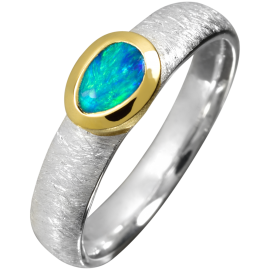 Entzückender Ring mit türkis leuchtendem Edelopal, 925er Silber, teilvergoldet, Ringgröße 52
