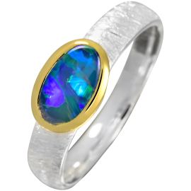 Beschwingter Ring mit blau und grün schimmerndem Edelopal, 925er Silber, teilvergoldet, Ringgröße 58