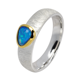 Hinreißender Ring mit magisch leuchtendem Edelopal, 925er Silber, Ringgröße 52, teilvergoldet