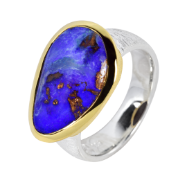 Hinreißender Ring mit faszinierendem Boulder Opal, 925er Silber, teilvergoldet, Ringgröße 55