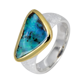 Lagunenblauer Ring mit faszinierendem Boulder Opal, 925er Silber, teilvergoldet, Ringgröße 55