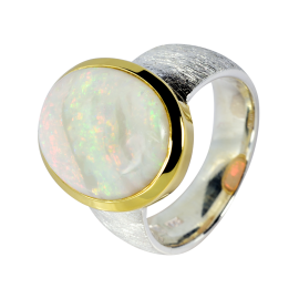 Schillernder Ring mit weißem Edelopal, 925er Silber, teilvergoldet, Ringgröße 58