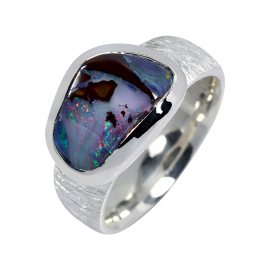 Opalring mit Boulderopal in Weiß-Blau, 925er Silber, Ringgröße 54