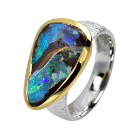 Extravaganter Ring mit fluoreszierendem Boulder Opal, 925er Silber, teilvergoldet, Ringgröße 58