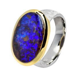 Eleganter Ring mit fluoreszierendem Boulder Opal, 925er Silber, teilvergoldet, Ringgröße 55
