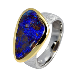 Edler Ring mit tiefblauem Boulder Opal, 925er Silber, teilvergoldet, Ringgröße 56