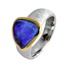 Chicer Ring mit tiefblauem Boulder Opal, 925er Silber, teilvergoldet, Ringgröße 55