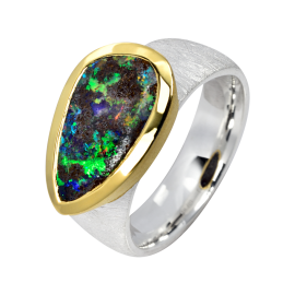 Lebhaft-bunter Ring mit tiefblauem Boulder Opal, 925er Silber, teilvergoldet, Ringgröße 55