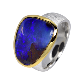 Eindrucksvoller Ring mit tiefblauem Boulder Opal, 925er Silber, teilvergoldet, Ringgröße 55