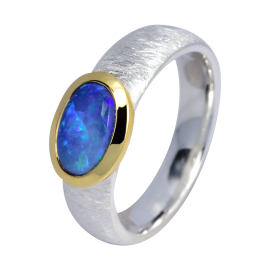 Himmlischer Ring mit vielfarbig schimmerndem Edelopal, 925er Silber, teilvergoldet, Ringgröße 54