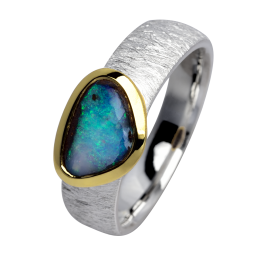 Filigraner Ring mit mondänglitzerndem Boulder Opal, 925er Silber, teilvergoldet, Ringgröße 54