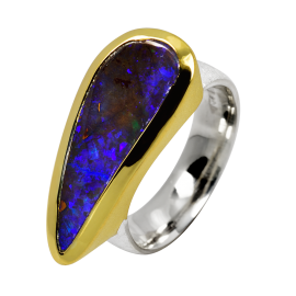 Auffälliger Ring mit braun-blau-grünem Boulderopal, 925er Silber, teilvergoldet, Ringgröße 61