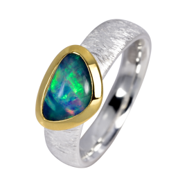 Verlockender Ring mit grün-blau funkelndem Edelopal, 925er Silber, teilvergoldet, Ringgröße 54
