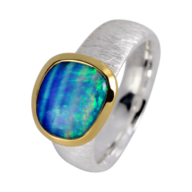 Faszinierender Ring mit länglichem Edelopal, 925er Silber, Ringgröße 56, vergoldet